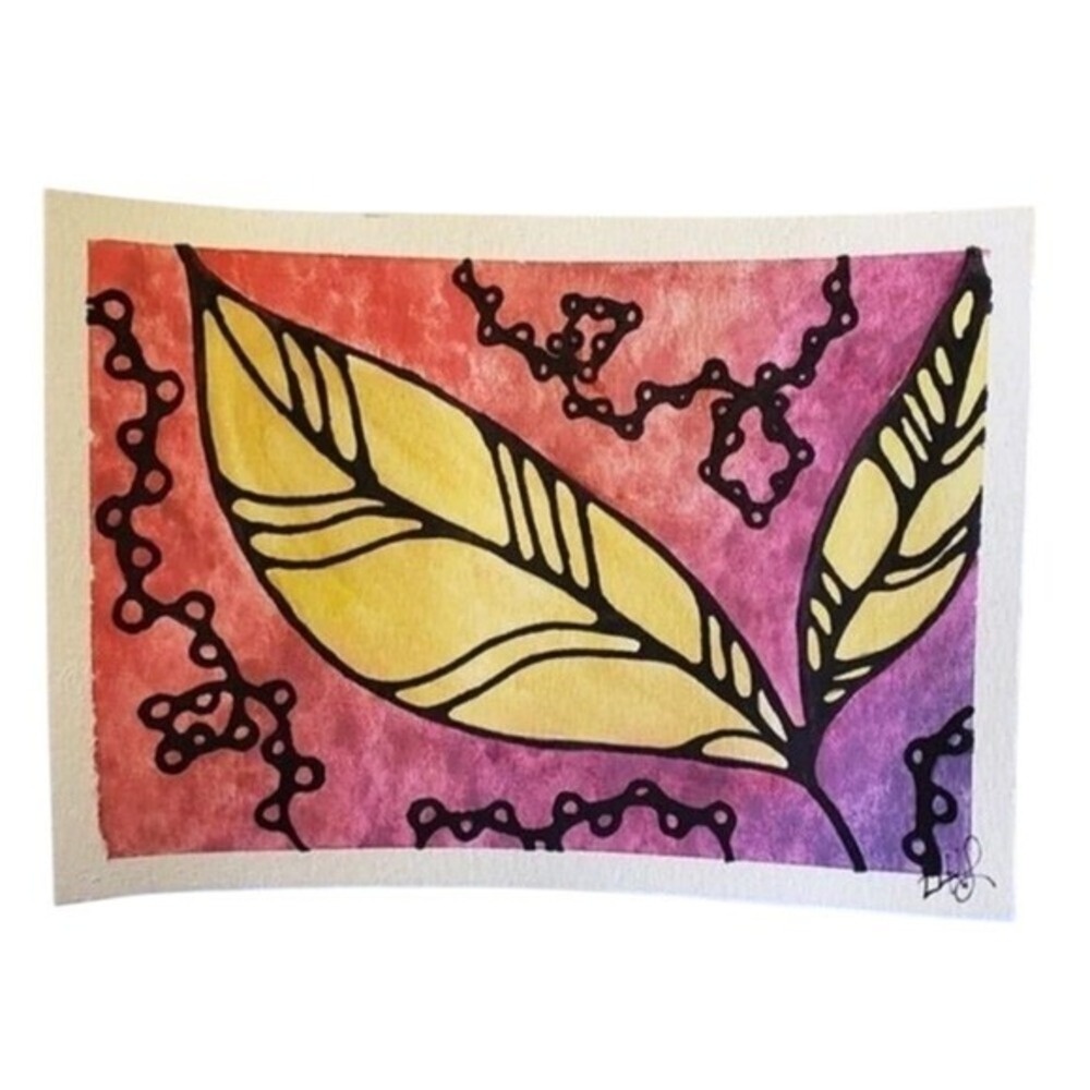 Leaves: Watercolor & Ink Painting 5"x 7" Original Art Signed on Paper Absract